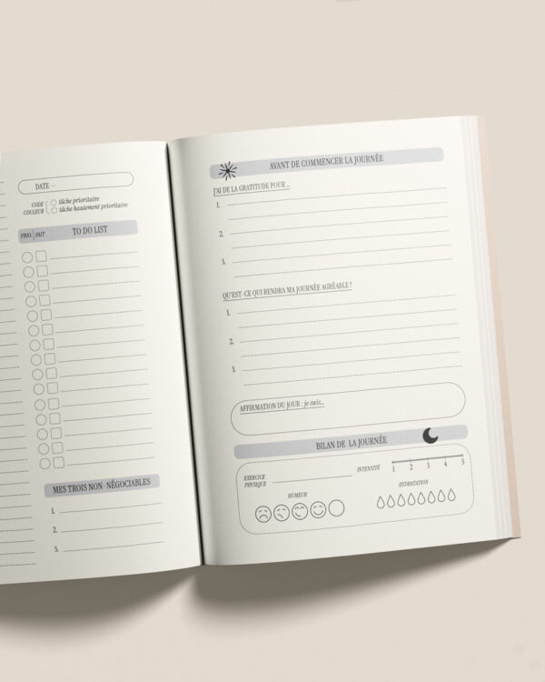 vue des pages intérieures du planner the art of action, des editions creative spark, couleur crème beige golden cream, par manifa kind