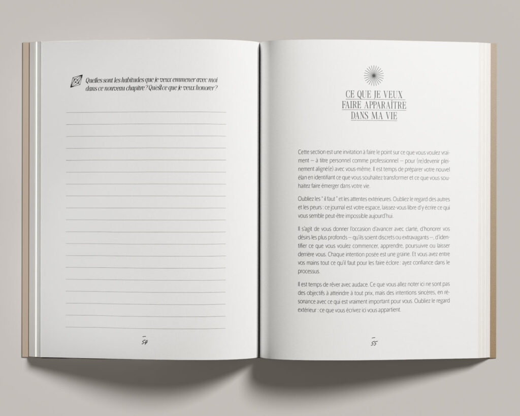 vue des pages intérieures du journal d'introspection et de clarté The Reset Journal, des éditions Creative Spark, par Manifa Kind