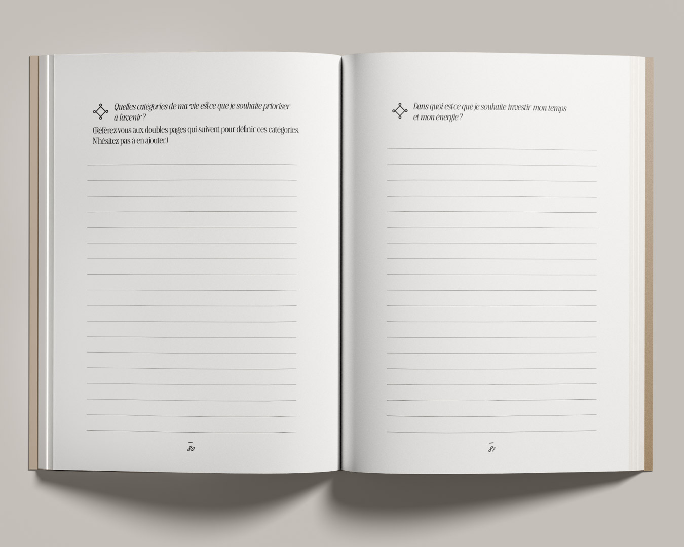vue des pages intérieures du journal d'introspection et de clarté The Reset Journal, des éditions Creative Spark, par Manifa Kind