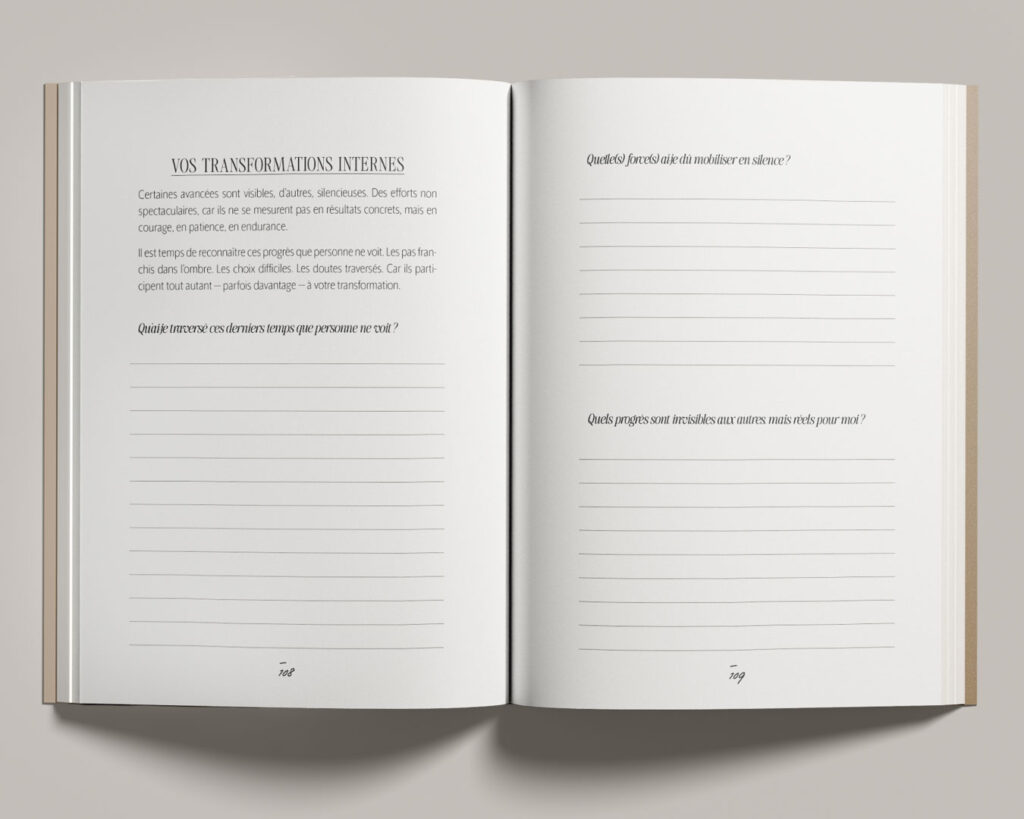 vue des pages intérieures du journal d'introspection et de clarté The Reset Journal, des éditions Creative Spark, par Manifa Kind